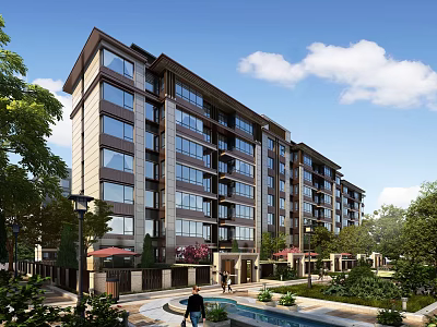 Mid rise Residential Building with Landscaping Swimming Pool Street Lamps and Pedestrian Walkways Under Blue Sky 3d model