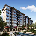 Mid rise Residential Building with Landscaping Swimming Pool Street Lamps and Pedestrian Walkways Under Blue Sky