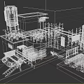 Cartoon Industrial Facility Scene With Grey Buildings Pipes Towers Stairs Platforms Warning Signs