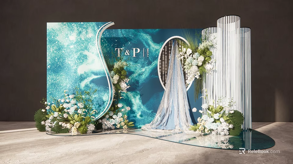 Wedding Decoration With Blue Backdrop T&P Initials Arched Structure White Green Flowers 3d model