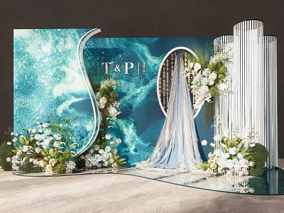 Wedding Decoration With Blue Backdrop T&P Initials Arched Structure White Green Flowers 3d model