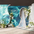 Wedding Decoration With Blue Backdrop T&P Initials Arched Structure White Green Flowers 3d model