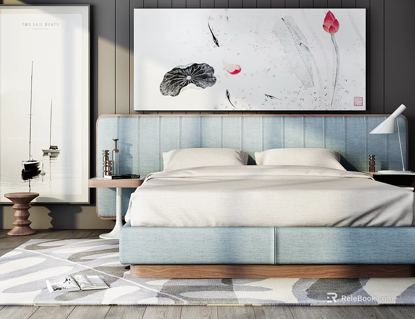Double Bed With Blue Headboard And White Sheets In Bedroom Featuring Artwork On Wall 3d model 