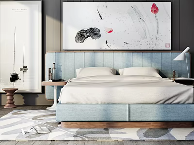 Double Bed With Blue Headboard And White Sheets In Bedroom Featuring Artwork On Wall 3d model
