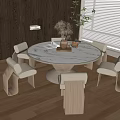 Modern Round Dining Table Set With Marble Top And Wooden Frame Upholstered Chairs