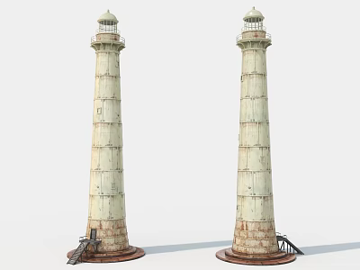 Two Weathered Lighthouse Towers With Rusty Bases And Metal Ladders 3d model