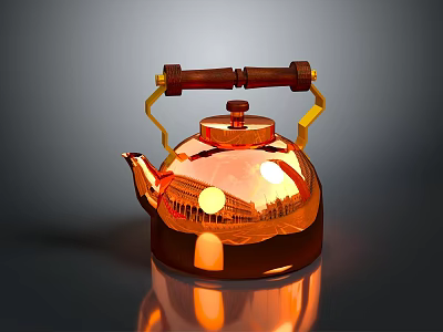 Elegant Copper Teapot With Wooden Handle And Shiny Reflective Surface For Daily Living 3d model