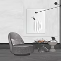 Light Gray Modern Single Sofa With Fireplace Flames Abstract Wall Art And Black Floor Lamp