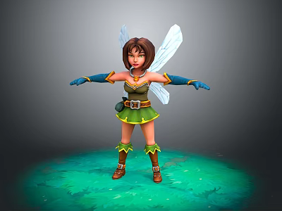 Fairy Game Movie Character With White Wings Green Outfit Standing on Green Glowing Ground 3d model