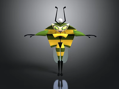 Cartoon Insect Character With Green And Yellow Stripes Black Legs Antennae And Gray Background 3d model