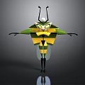 Cartoon Insect Character With Green And Yellow Stripes Black Legs Antennae And Gray Background