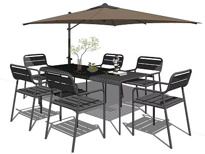 Stylish Outdoor Seating with Black Chairs Table Brown Umbrella and Small Plant 3d model
