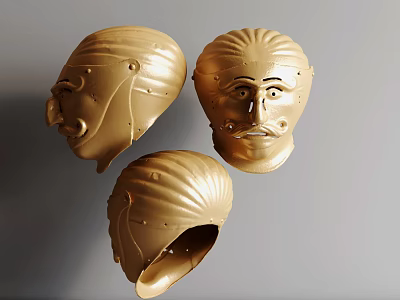 Golden Ornamental Helmet Mask Clothing Accessories With Detailed Facial Features 3d model
