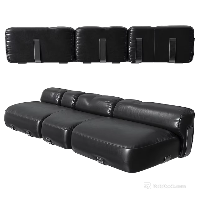 Black Leather Sectional Sofa With Modular Design And Multiple Seats 3d model 