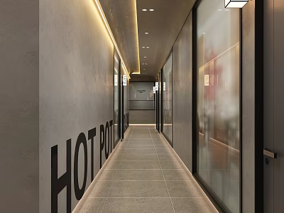 Modern Hot Pot Restaurant Corridor With Strip Lighting Gray Walls Tile Floor And Glass Doors 3d model