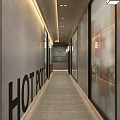Modern Hot Pot Restaurant Corridor With Strip Lighting Gray Walls Tile Floor And Glass Doors