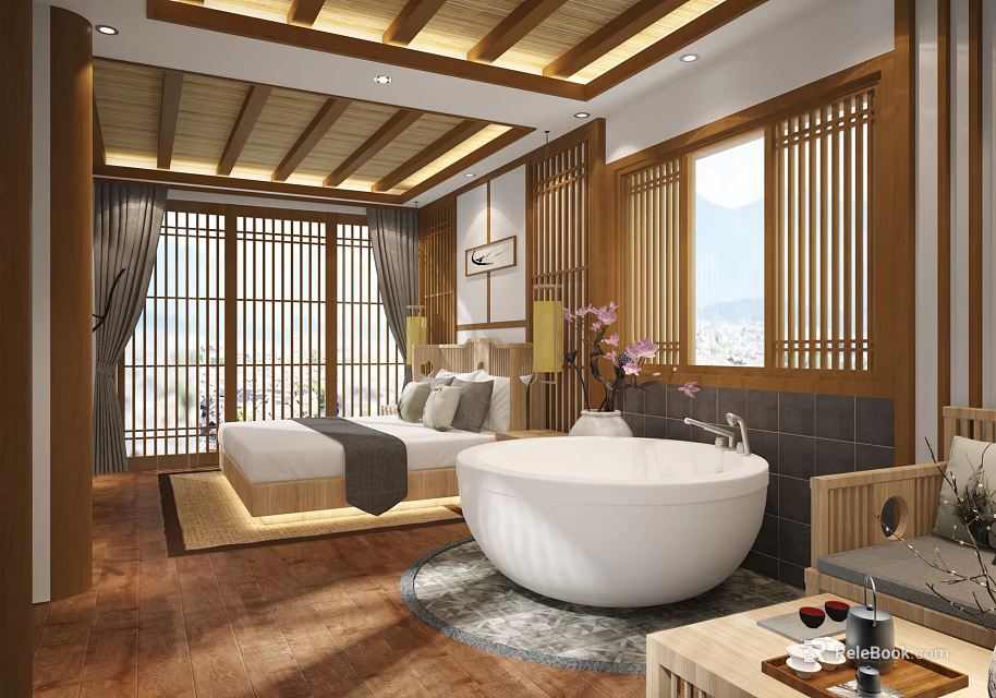 Japanese Style Hotel Guest Room With Tatami Bed Bathtub And Scenic View 3d model 