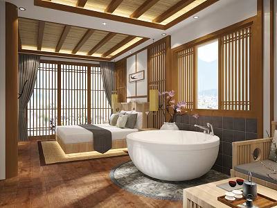 Japanese Style Hotel Guest Room With Tatami Bed Bathtub And Scenic View 3d model