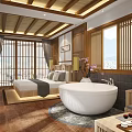 Japanese Style Hotel Guest Room With Tatami Bed Bathtub And Scenic View