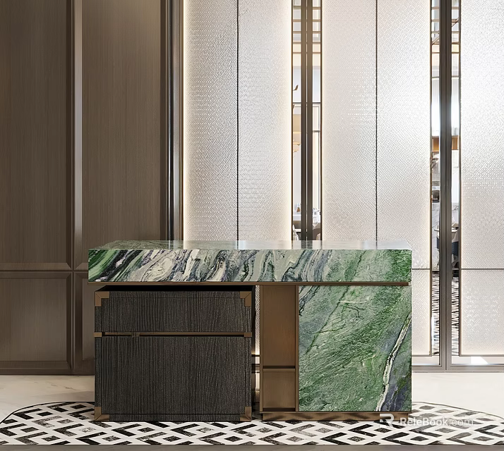Luxury Hotel Lobby With Green Marble Reception Desk Dark Wood Cabinetry And Glass Partitions 3d model 