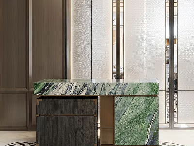 Luxury Hotel Lobby With Green Marble Reception Desk Dark Wood Cabinetry And Glass Partitions 3d model