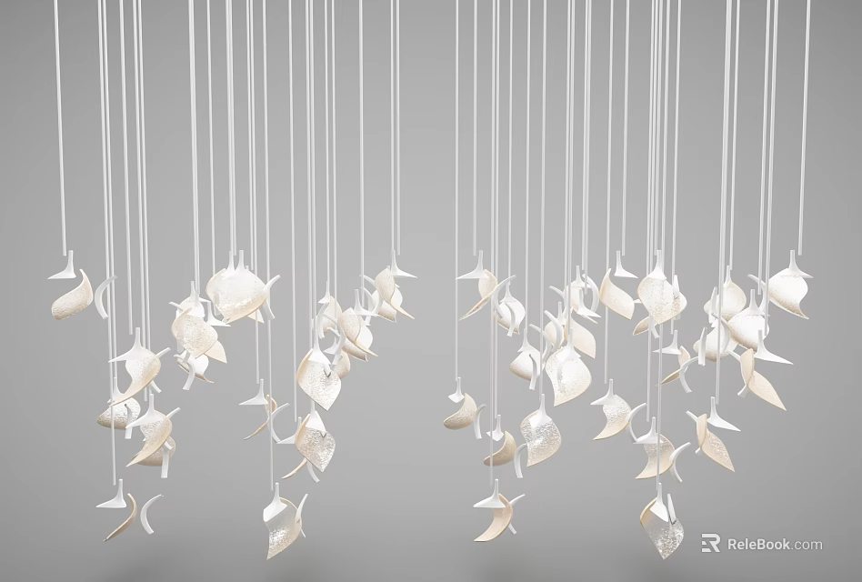White Leaf Shaped Chandeliers Hanging With Thin Strings On Gray Background 3d model