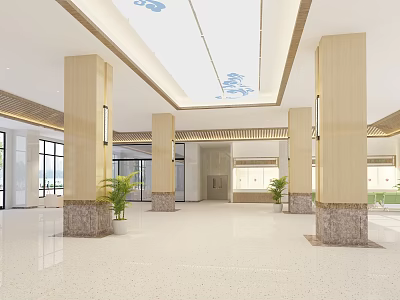 Modern Lobby Interior With White Ceiling Blue Patterns Marble Columns And Green Plants 3d model