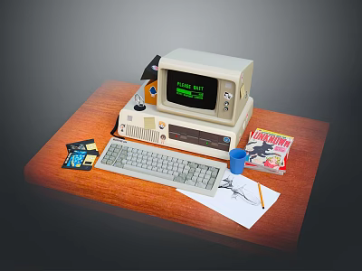 Retro Computer Setup on Wooden Desk With Screen Paul Test Keyboard Floppy Disks Magazine Cup 3d model
