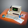 Retro Computer Setup on Wooden Desk With Screen Paul Test Keyboard Floppy Disks Magazine Cup