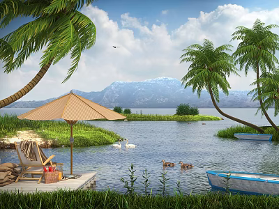 Tropical Scenic View With Palm Trees Umbrella Deck Chair Boat And Snowy Mountains 3d model