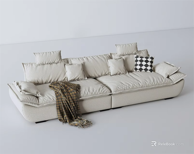 Beige Modern Sectional Sofa With Multiple Cushions Checkered Pillow And Blanket 3d model