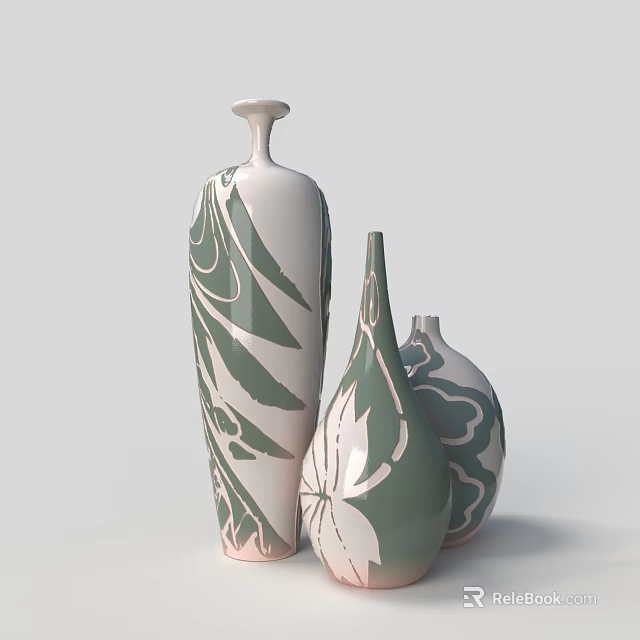 Three Elegant Ceramic Vases with Floral and Leaf Patterns in White and Green 3d model 