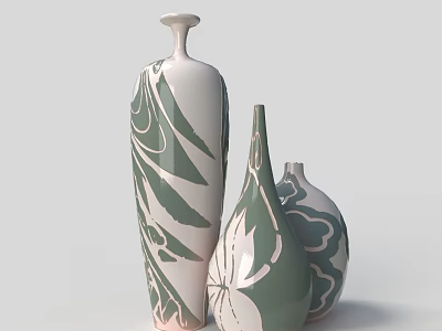 Three Elegant Ceramic Vases with Floral and Leaf Patterns in White and Green 3d model