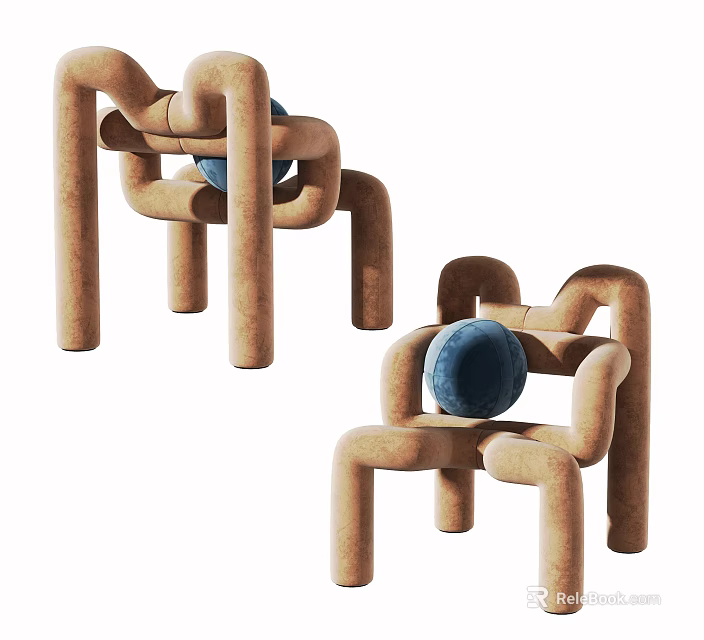 Unique Design Leisure Chair With Curved Brown Frame And Blue Round Cushion For Modern Spaces 3d model 