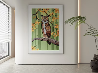 Abstract Painting Featuring Owl Perched On Branch With Yellow Leaves In Modern Interior Wall 3d model