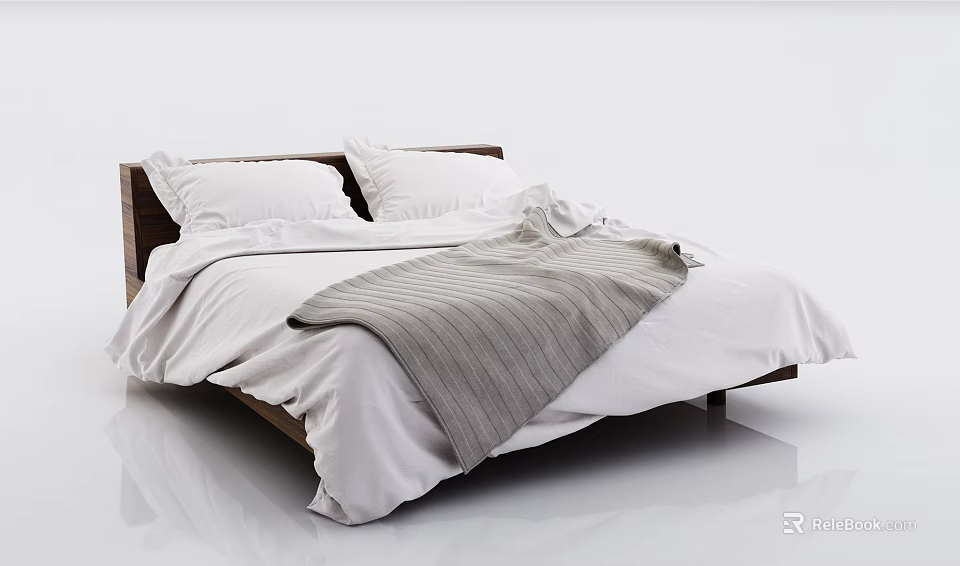 Modern Minimalist Double Bed With Wooden Frame White Sheets And Gray Striped Blanket 3d model 