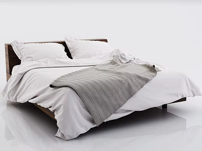 Modern Minimalist Double Bed With Wooden Frame White Sheets And Gray Striped Blanket 3d model