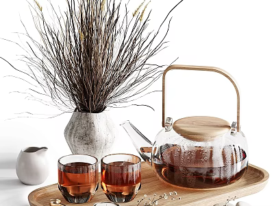 Decorative Ornament Set with Clear Glass Teapot Cups Wooden Tray and Dried Branches in Vase 3d model