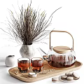 Decorative Ornament Set with Clear Glass Teapot Cups Wooden Tray and Dried Branches in Vase