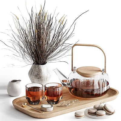 Decorative Ornament Set with Clear Glass Teapot Cups Wooden Tray and Dried Branches in Vase 3d model