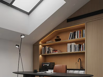 Bright Study Room Interior With Skylight Sloped Ceiling Wooden Bookshelves Floor Lamp And Desk Chair 3d model