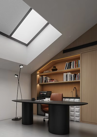 Bright Study Room Interior With Skylight Sloped Ceiling Wooden Bookshelves Floor Lamp And Desk Chair 3d model