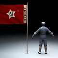 Game Movie Characters in Gray White Uniforms with Red Flag and White Star