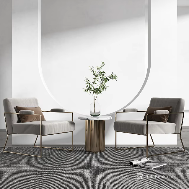 Grey Minimalist Casual Sofa Set With Metal Legs Round Table Green Plant And Pillows 3d model 