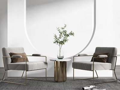 Grey Minimalist Casual Sofa Set With Metal Legs Round Table Green Plant And Pillows 3d model