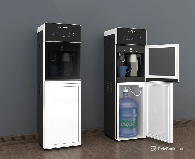 Two Modern Water Dispensers With Closed And Open Doors Blue Water Bottle Inside 3d model 