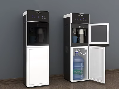 Two Modern Water Dispensers With Closed And Open Doors Blue Water Bottle Inside 3d model