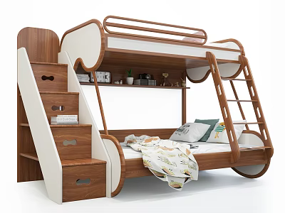 Wooden White Bunk Bed With Staircase Storage Steps Mattress And Bedding 3d model