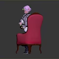 Red Tufted Chair With Wooden Frame And Pink Haired Character In Stylish Outfit