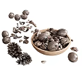 Wooden Bowl Filled With Nuts Scattered Walnuts Pine Cones And Nut Shells Around 3d model